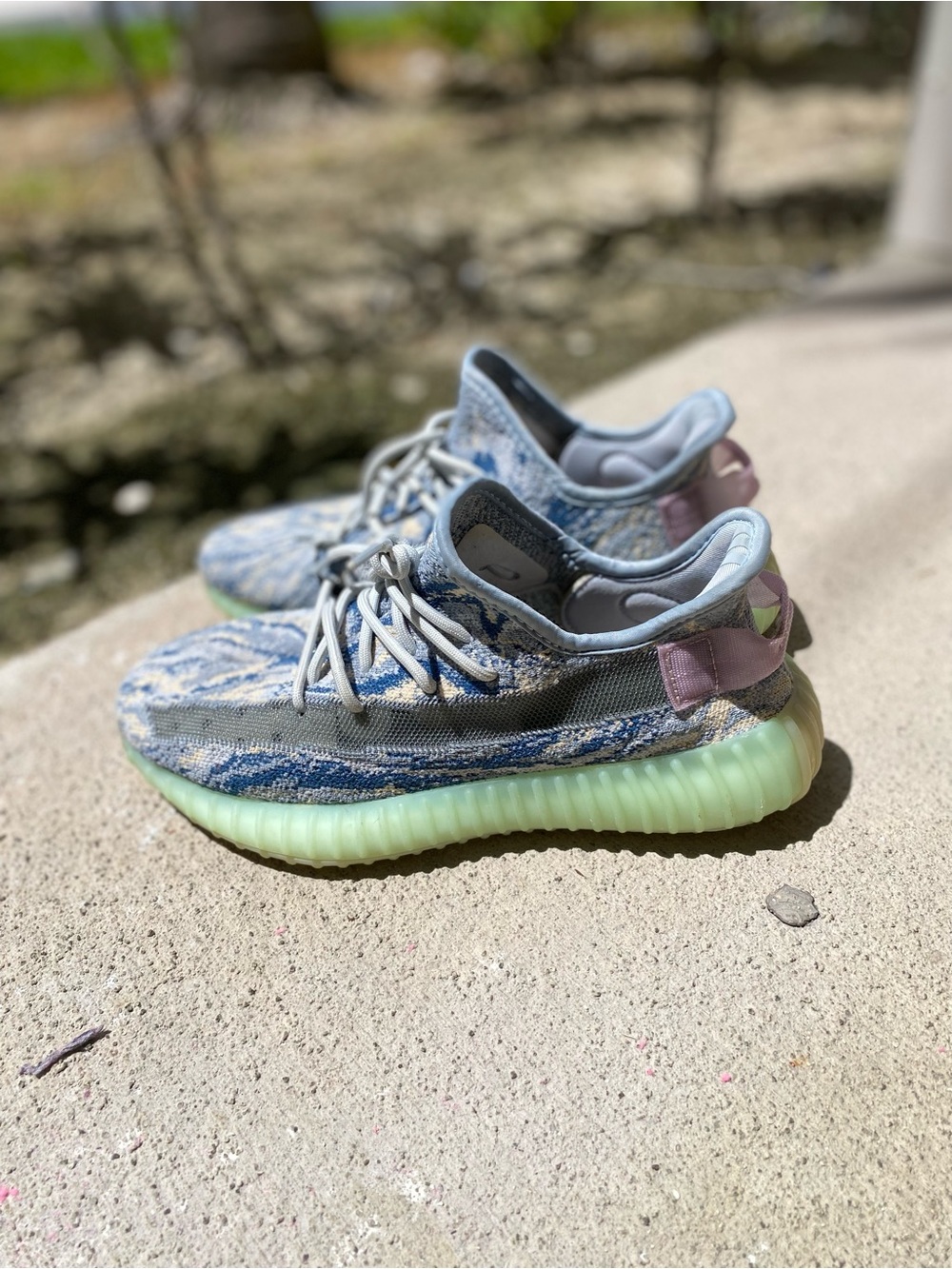 adidas Yeezy 350 v2 Sneakers in Light Blue with Mint and Pink Accents